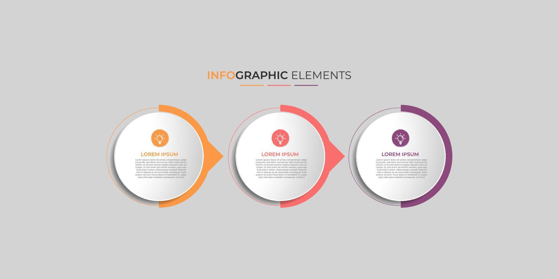 infographie moderne en 3 étapes, option ou niveaux avec étiquette. graphique d'informations sur la chronologie. présentation d'entreprise, brochure d'information, bannière, modèle de mise en page de flux de travail. illustration vectorielle eps10 vecteur