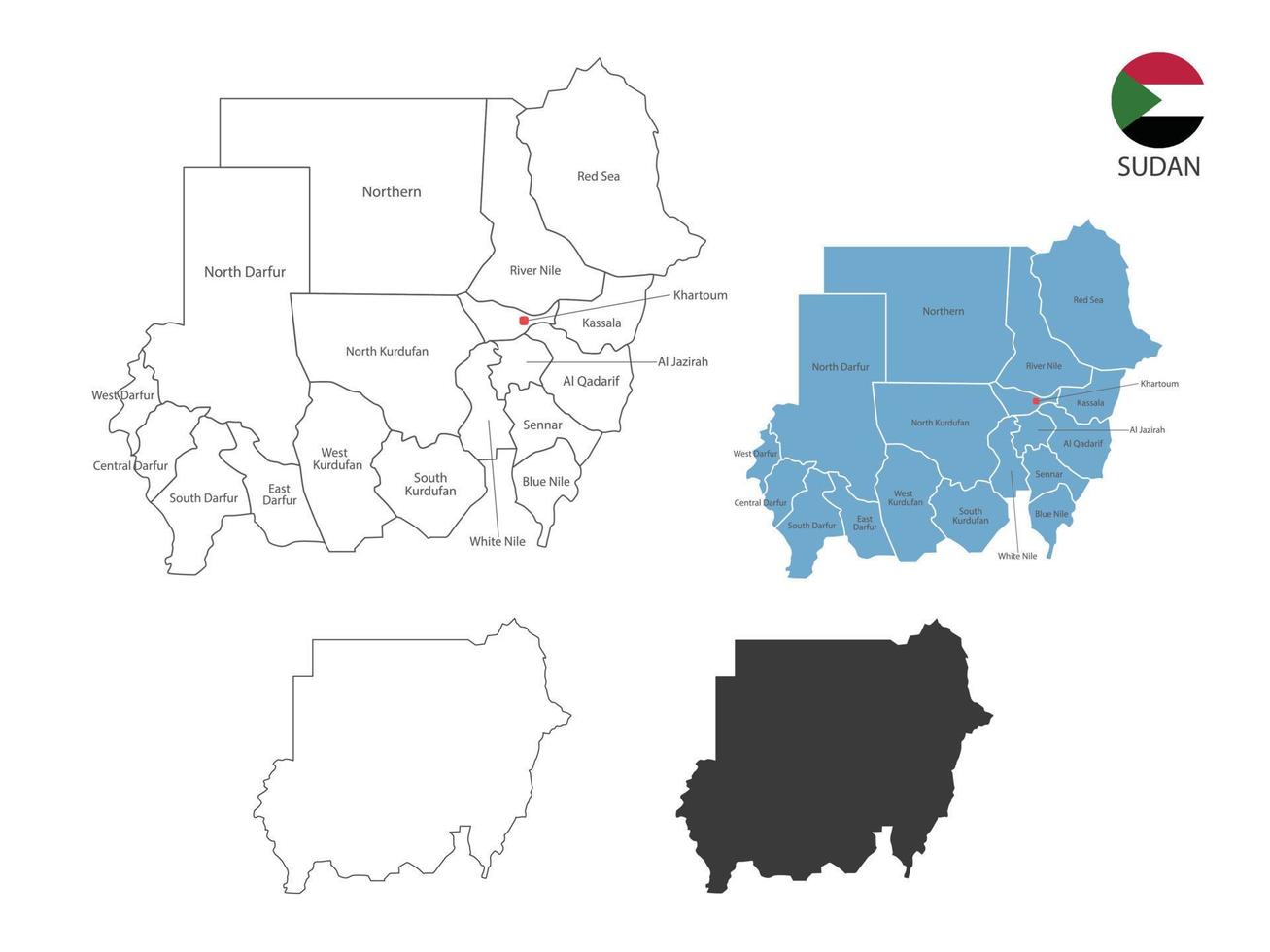 4 style d'illustration vectorielle de carte du soudan ont toutes les provinces et marquent la capitale du soudan. par un style de simplicité de contour noir fin et un style d'ombre sombre. isolé sur fond blanc. vecteur