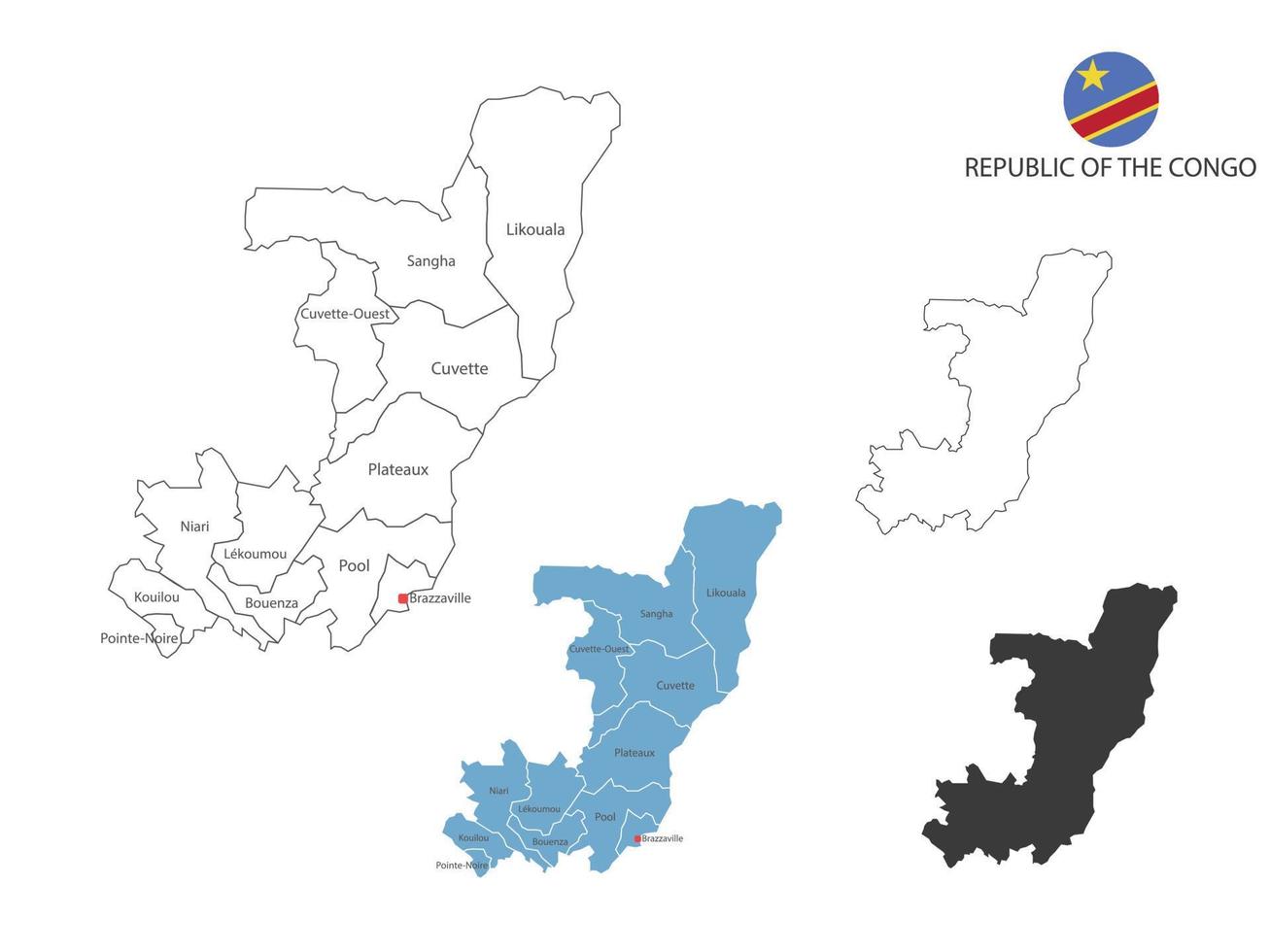 4 style d'illustration vectorielle de la carte de la république du congo ont toutes les provinces et marquent la capitale de la république du congo. par un style de simplicité de contour noir fin et un style d'ombre sombre. vecteur