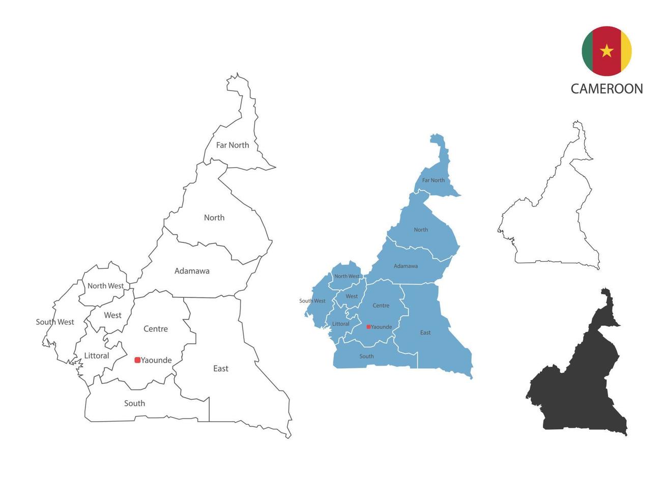 4 style d'illustration vectorielle de carte cameroun ont toutes les provinces et marquent la capitale du cameroun. par un style de simplicité de contour noir fin et un style d'ombre sombre. isolé sur fond blanc. vecteur