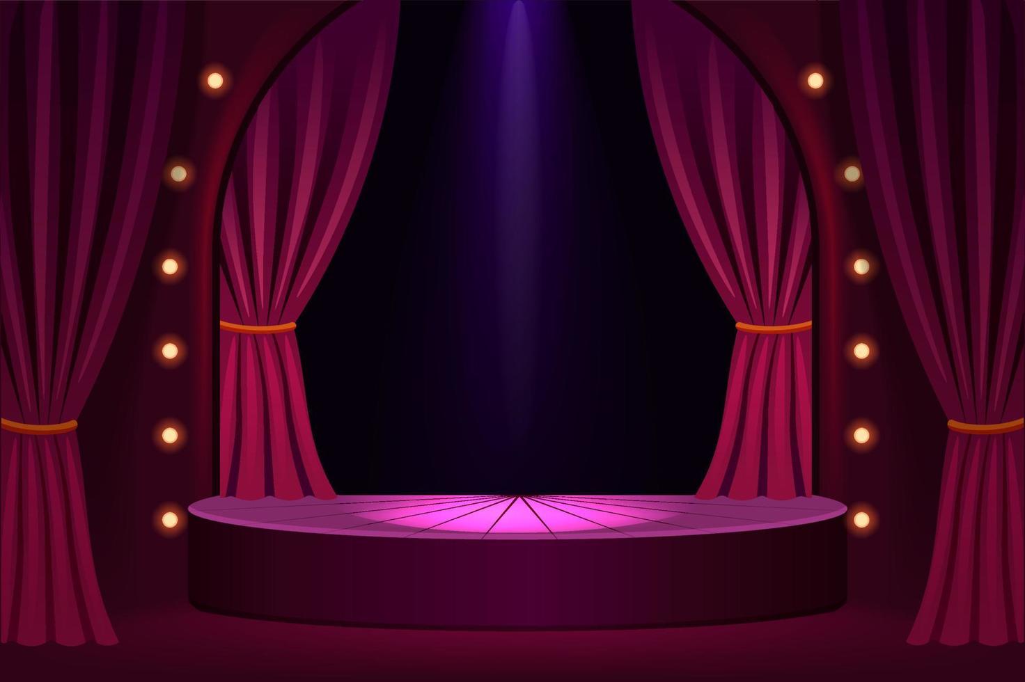 podium de scène dans le modèle de salle de concert. spectacle festif dans un club branché avec des rideaux de velours et des lumières de scène présentation vintage dans un théâtre vectoriel
