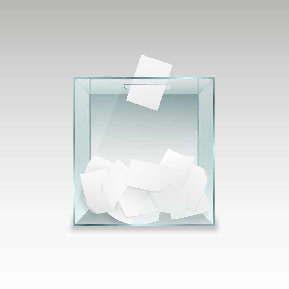 urne avec formulaires de vote. récipient en verre transparent avec des morceaux de papier référendum politique vecteur