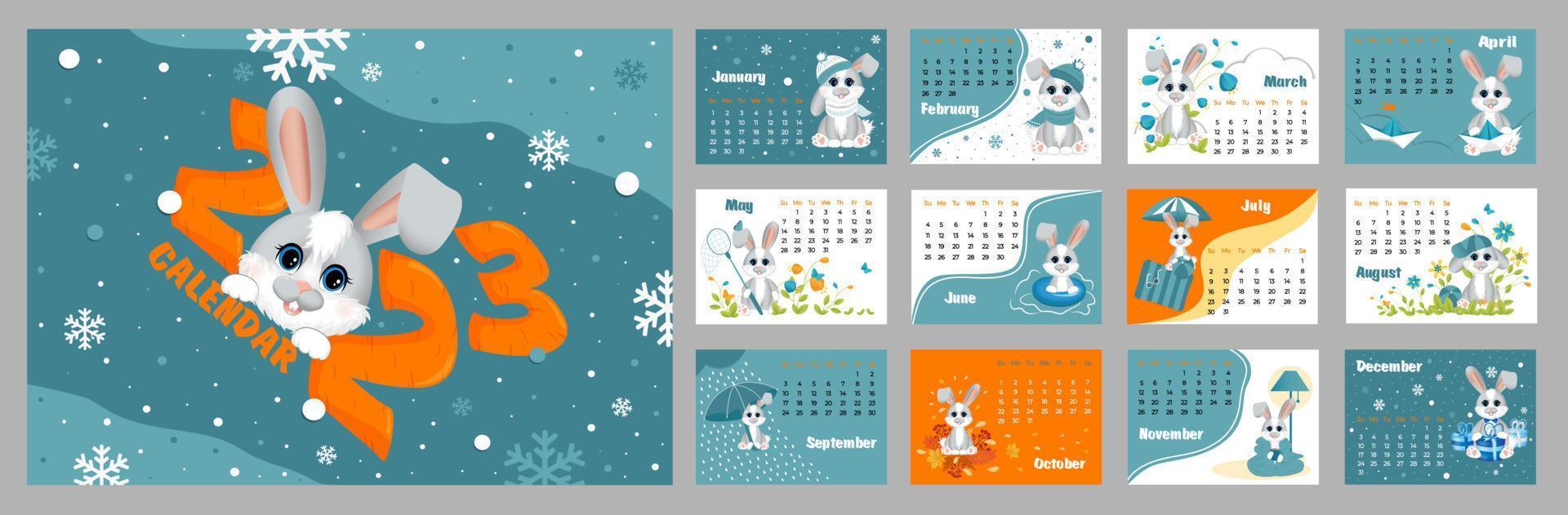 calendrier 2023 avec symbole de l'année lièvre ou lapin. mignon petit lièvre ou lapin en style cartoon. la semaine commence le dimanche. vecteur