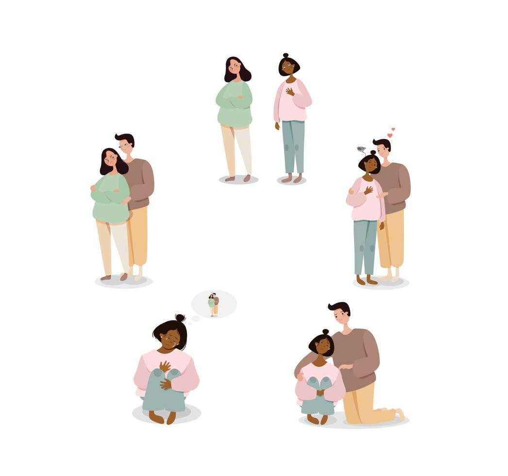 illustration des sentiments familiaux et connexes. les personnages masculins et féminins trient la relation avouent que leur mère amoureuse calme sa fille et demande pardon au vecteur. vecteur