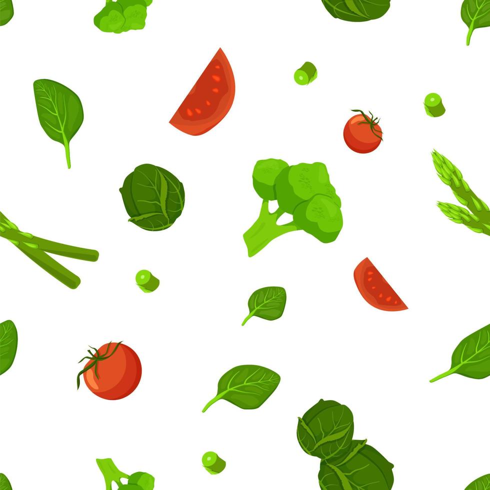 tomates avec motif sans couture salade et chou. tourbillon de brocoli vert avec des tranches de tomate rouge et une feuille d'asperge vectorielle. vecteur