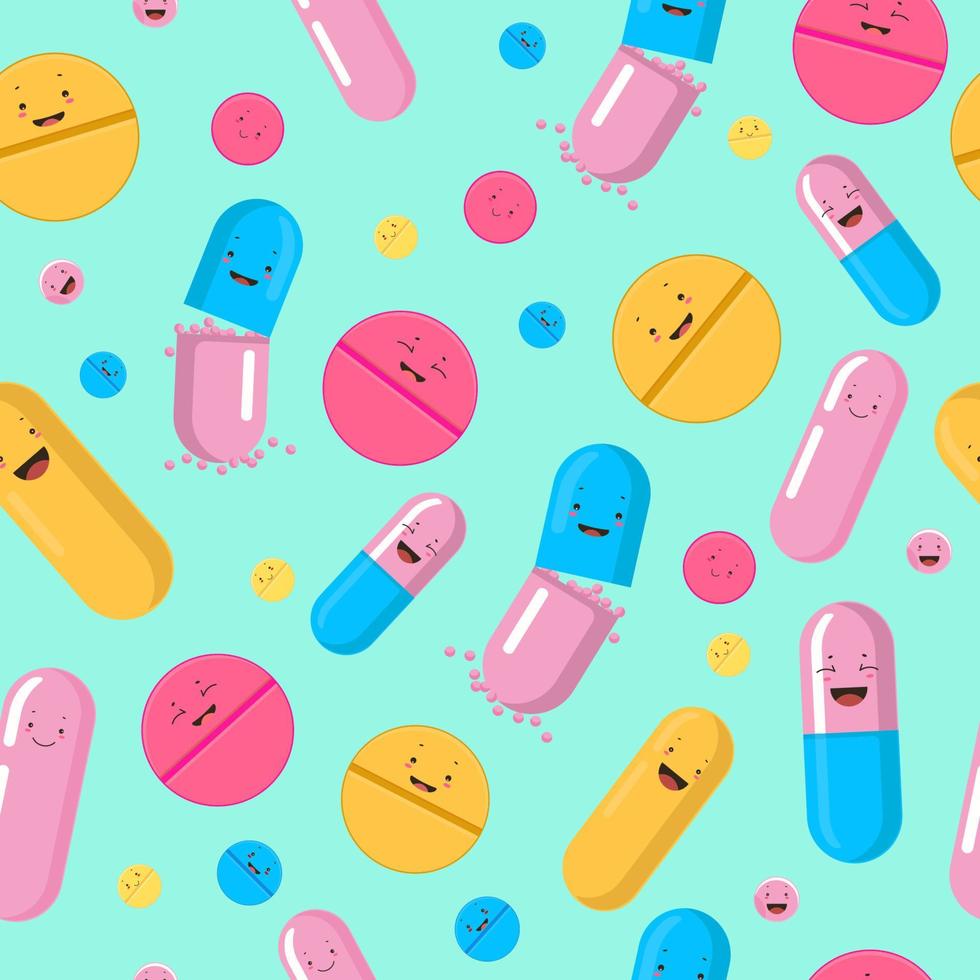 modèle sans couture de pilules drôles. rouge jaune mignon médicaments souriants rose bleu capsules antibiotiques combattant les infections et les virus vecteur kit pharmaceutique de santé humaine.