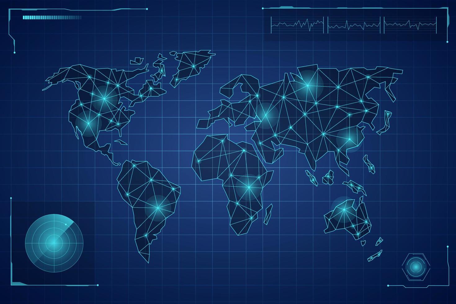 carte du monde techno. continents numériques avec méridiens de rayons et continents mondiaux futuristes de grille océanique. vecteur