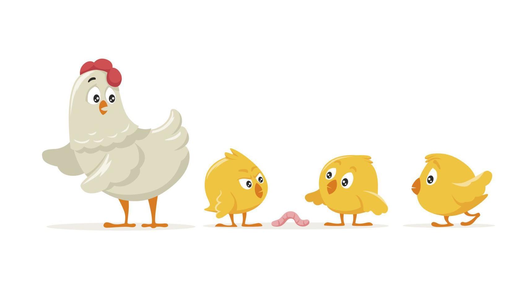 dessin animé mère poule et trois petits poussins jaunes isolés sur fond blanc vecteur