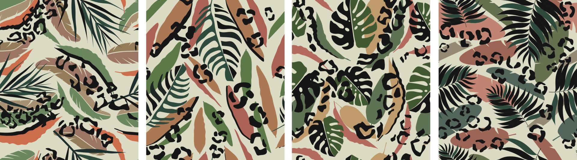 motif de feuille de fougère léopard sans couture. coloration de feuillage à la mode organique avec camouflage léopard combinaisons exotiques de peau de conception d'art moderne et feuilles tourbillonnantes plantes vectorielles tropicales. vecteur