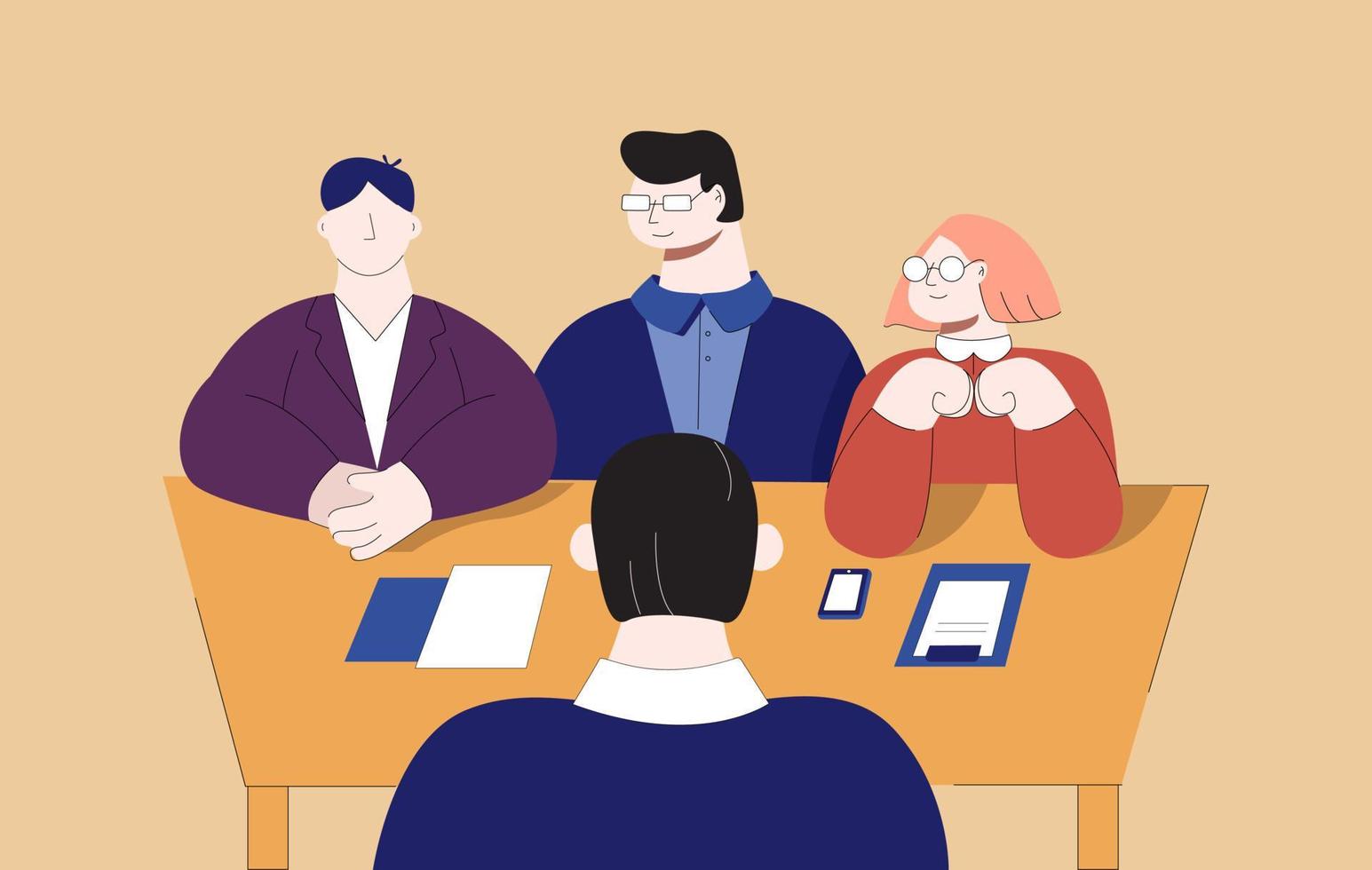 équipe professionnelle homme et femme interviewant dessin animé mâle recherche d'emploi vecteur illustration plate
