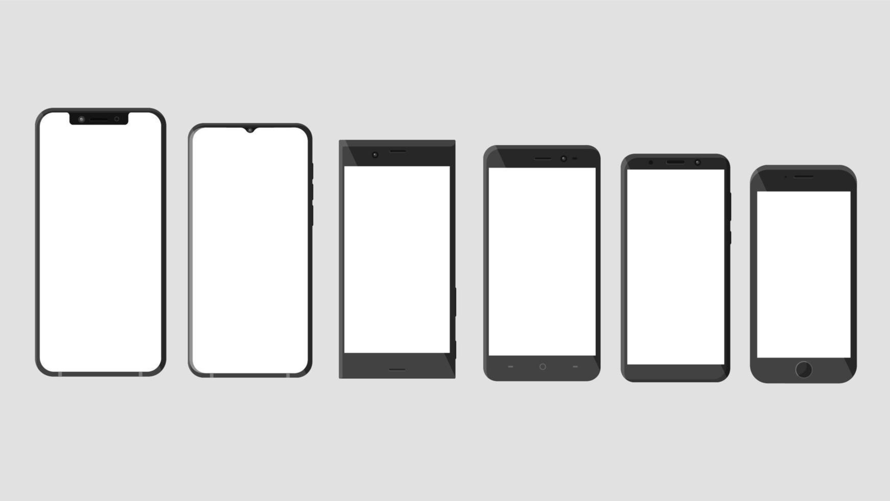 un groupe de smartphones tactiles du dernier modèle au modèle initial. concept de progrès des smartphones gadgets modernes, sans fil et mobiles avec un écran vide. vecteur