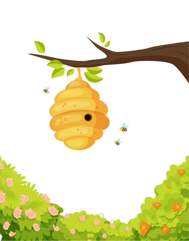 ruche sur branche avec illustration d'abeilles tourbillonnantes. cocon jaune recouvert de miel sucré entouré d'arbres en fleurs et d'insectes vecteurs rayés volants. vecteur