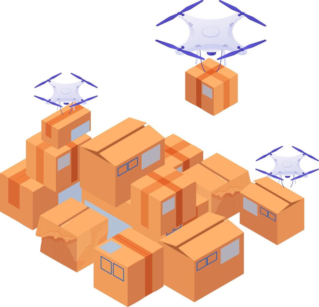 les drones de livraison transportent et empilent des boîtes illustration isométrique. quadrocopters modernes blancs navire tri boîte jaune. vecteur