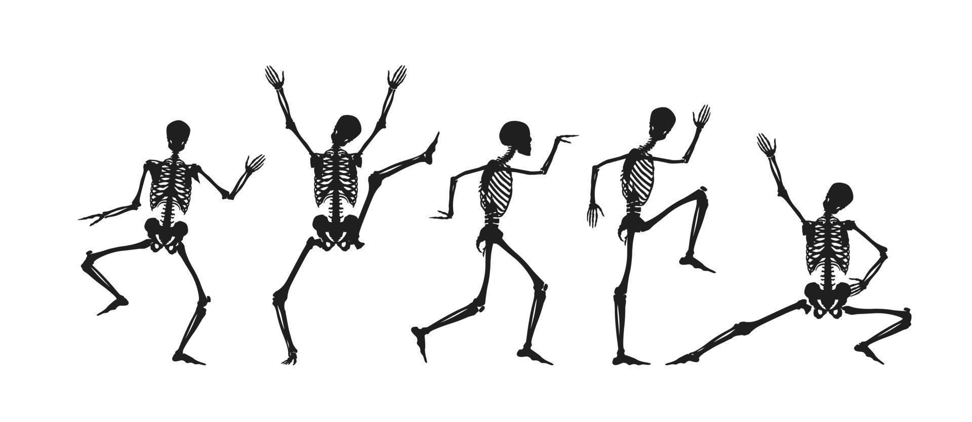 danser et courir des silhouettes noires de squelettes. les morts sautant joyeusement et debout sur leurs mains cadran abstrait effrayant fait de figures d'os vectoriel. vecteur