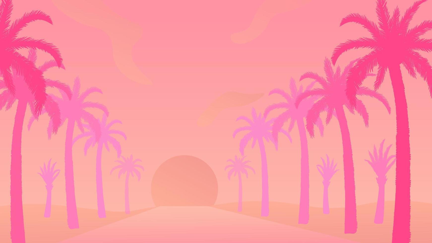 coucher de soleil tropical avec des palmiers debout en cru. belle île avec illustration vectorielle de plantes silhouette. vecteur