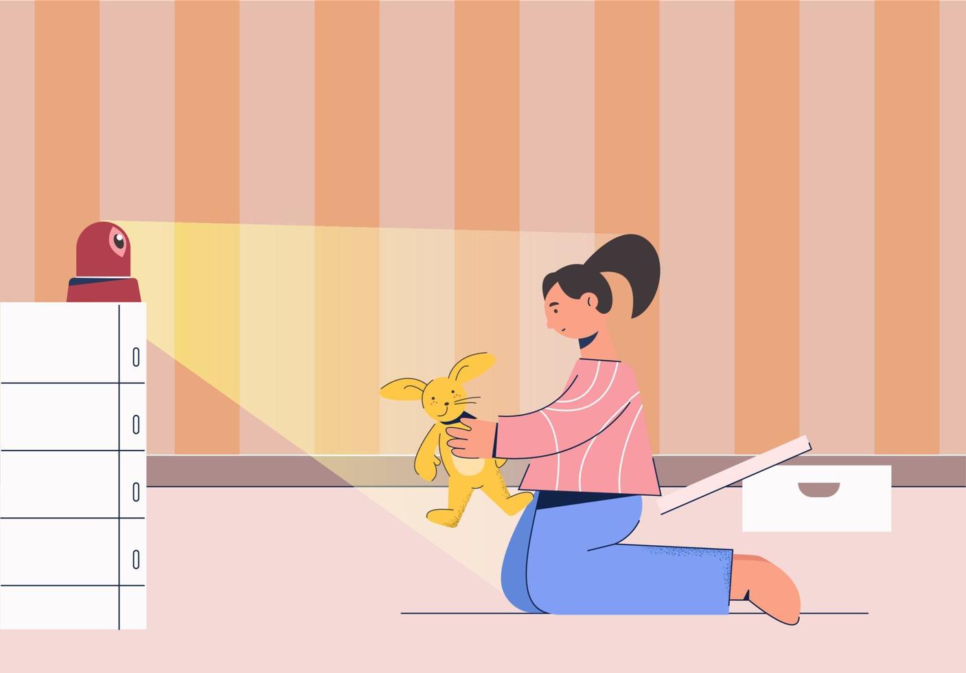 sécurité des enfants en ligne à l'aide d'une caméra Web. une petite fille joue avec un lièvre jouet sous la surveillance de ses parents. vecteur