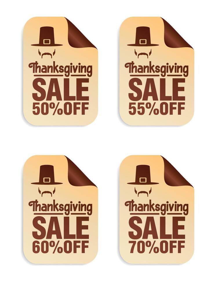 ensemble d'autocollants de vente de thanksgiving à 50, 55, 60, 70 % de réduction avec icône pèlerin vecteur
