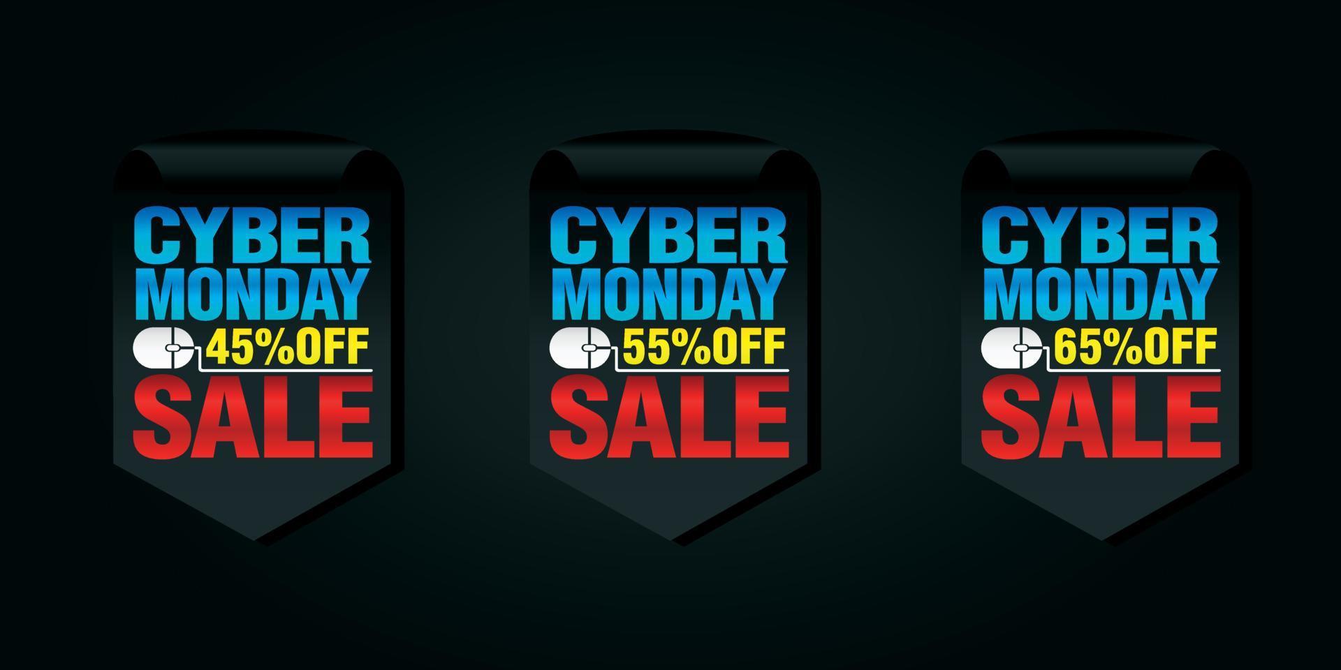 ensemble de badges de vente cyber lundi 45, 55, 65 de réduction vecteur