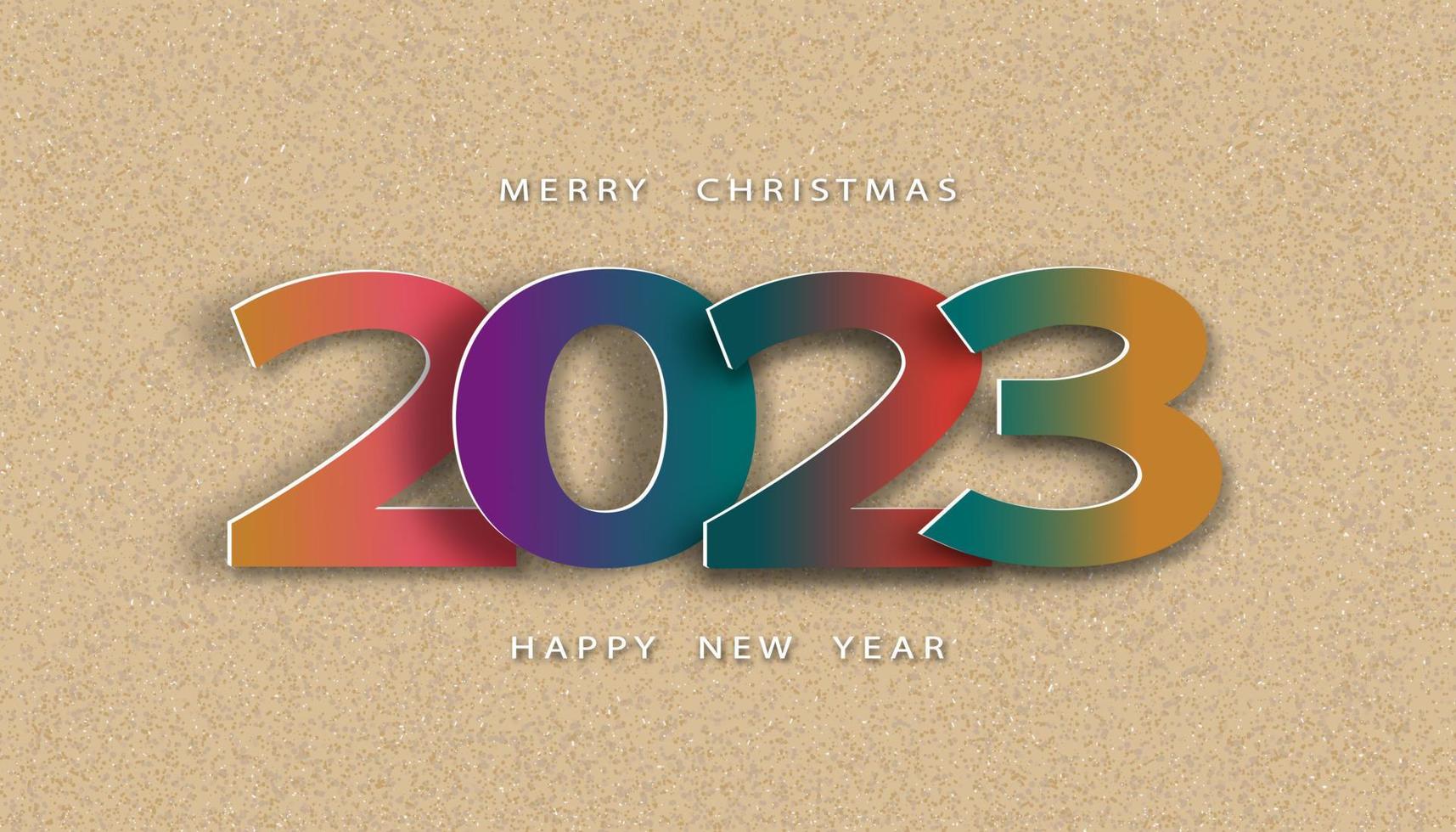 bonne année, joyeux noël 2023 papier coupé texte sur fond de plage de sable brun. vecteur vue de dessus numéro 2023 tendance des couleurs pour carte de voeux