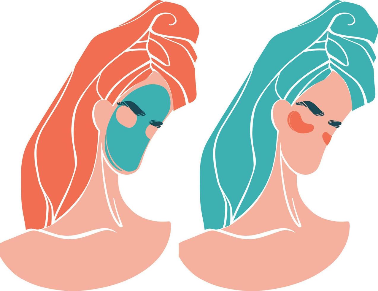 conception de concept de spa à domicile. fille avec une serviette sur la tête après une douche. fille avec des pansements oculaires. illustration vectorielle isolée. le concept de soins personnels à domicile. vecteur moderne