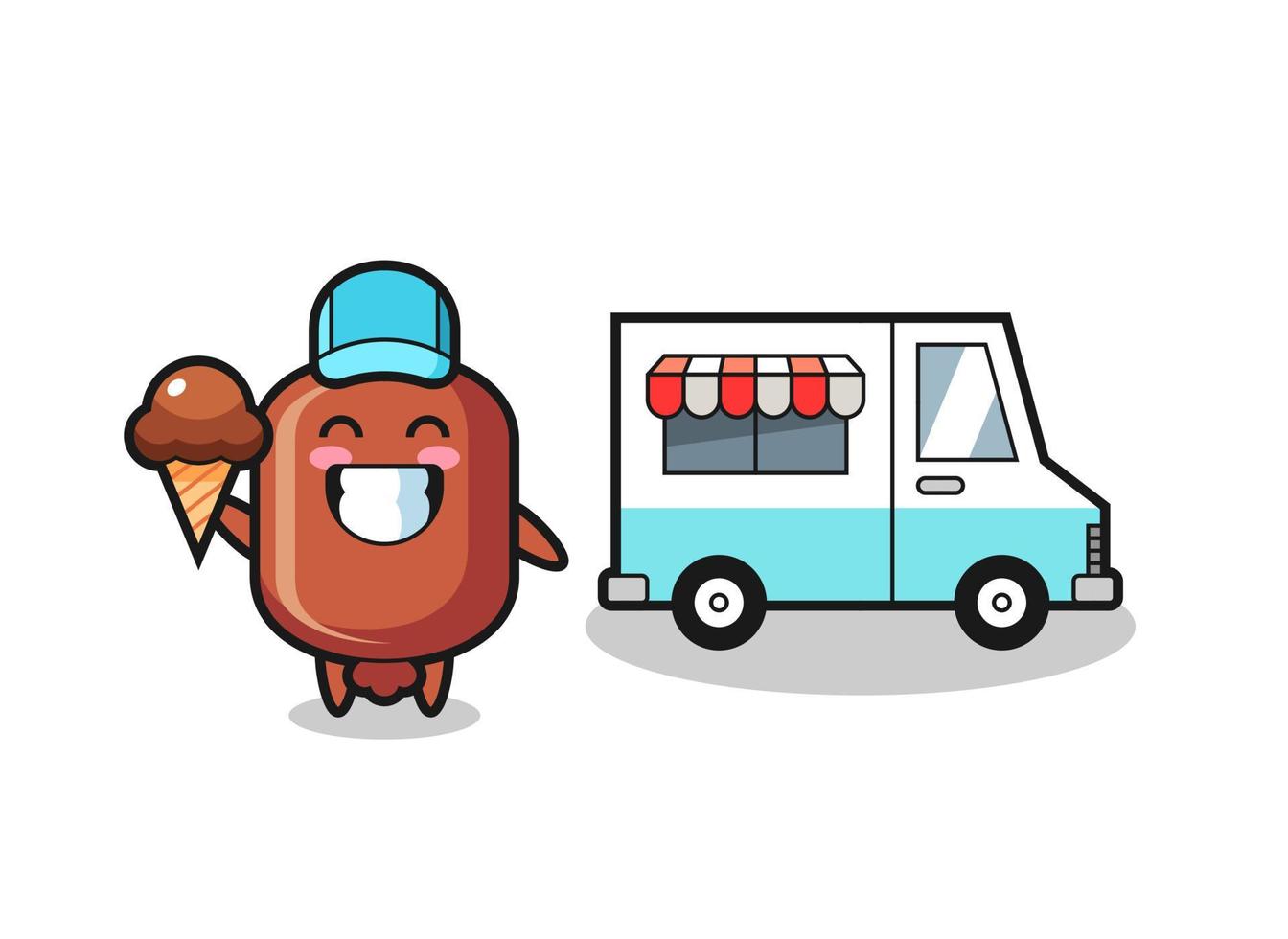 caricature de mascotte de saucisse avec camion de crème glacée vecteur