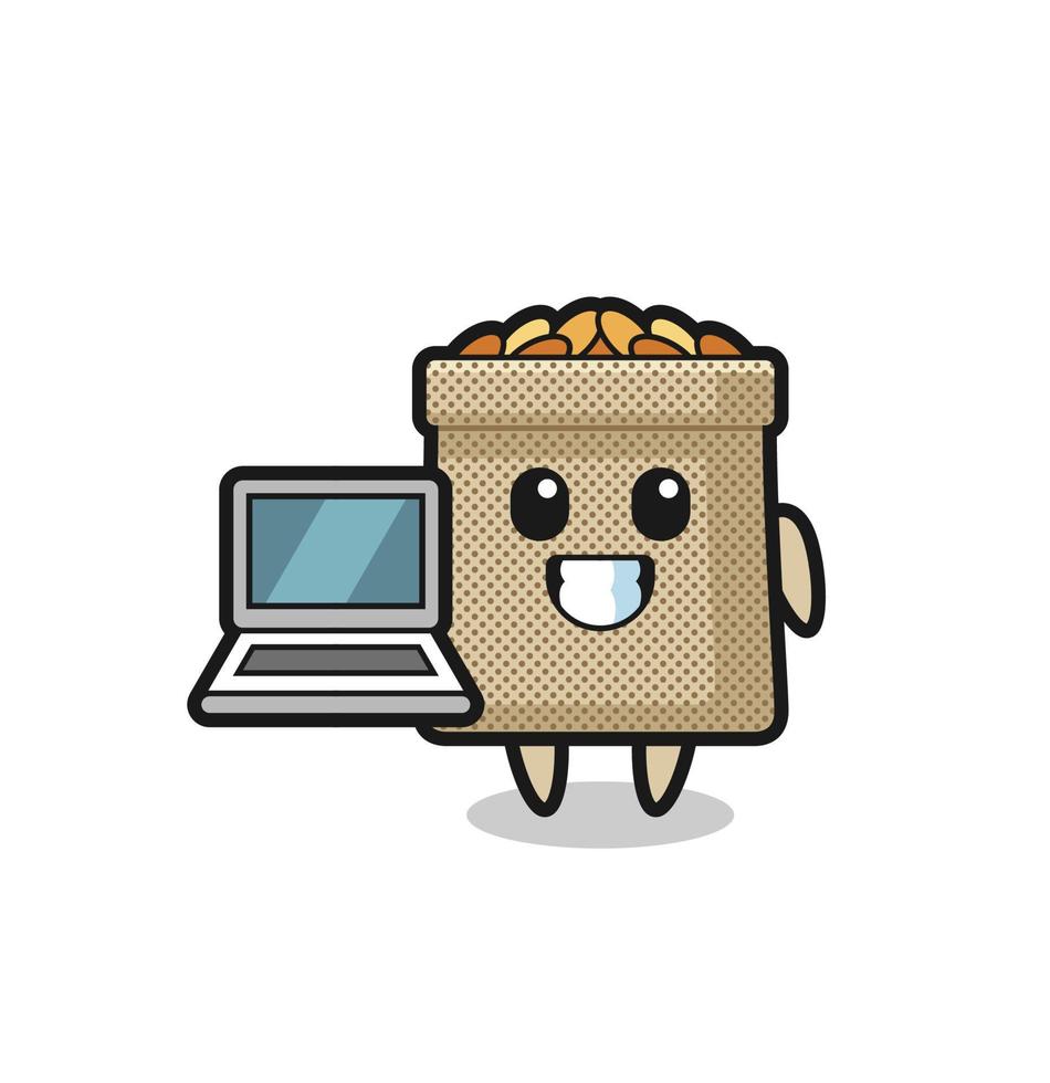 illustration de mascotte de sac de blé avec un ordinateur portable vecteur