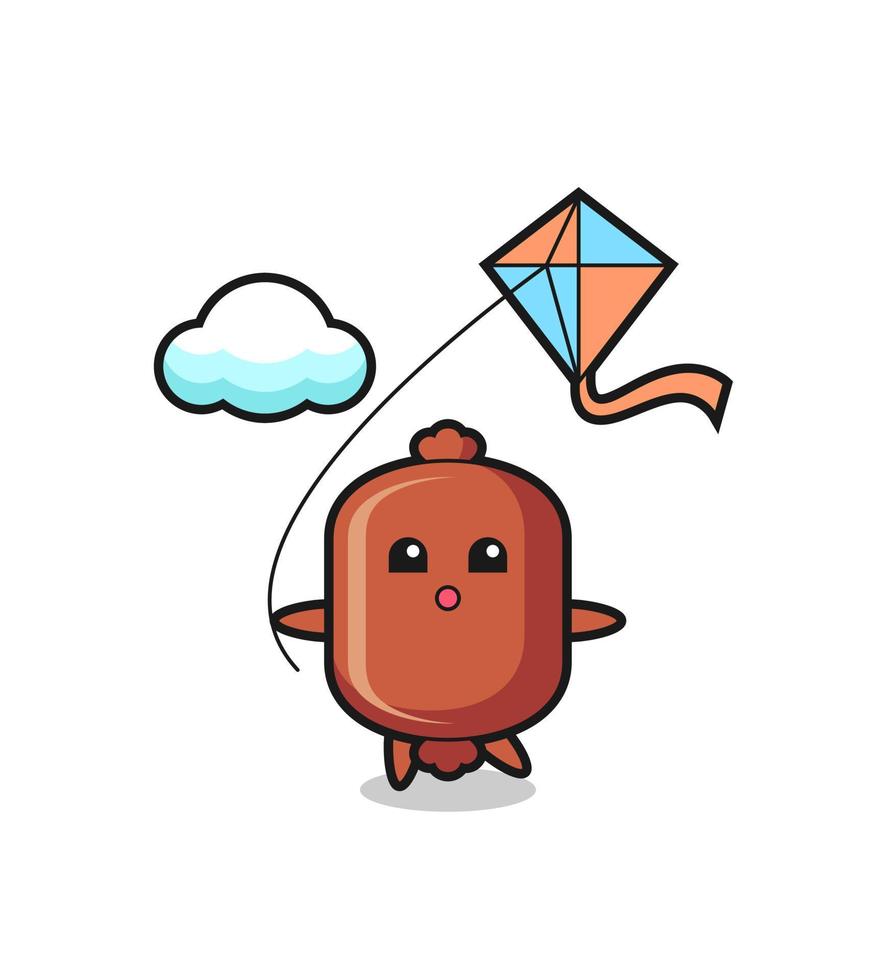 illustration de mascotte de saucisse joue au cerf-volant vecteur