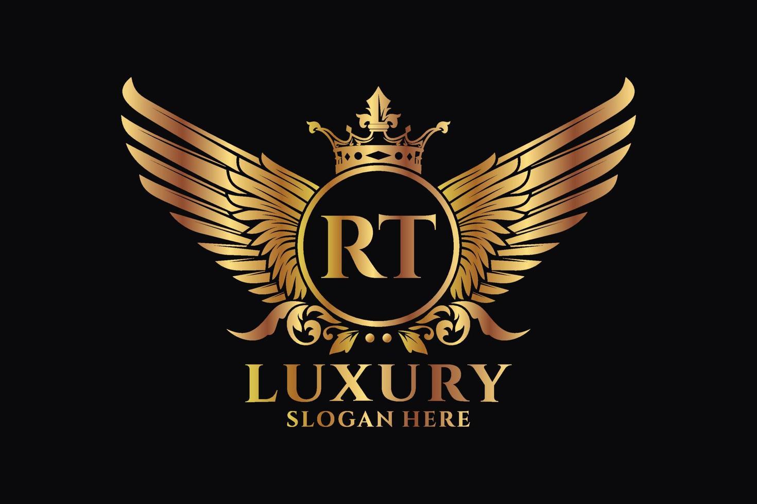 lettre d'aile royale de luxe rt crête logo couleur or vecteur, logo de victoire, logo de crête, logo d'aile, modèle de logo vectoriel. vecteur