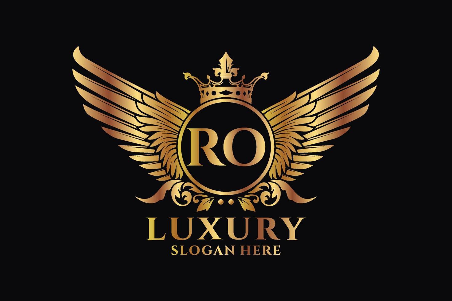 lettre d'aile royale de luxe ro crest logo couleur or image vectorielle, logo de victoire, logo d'écusson, logo d'aile, modèle de logo vectoriel. vecteur