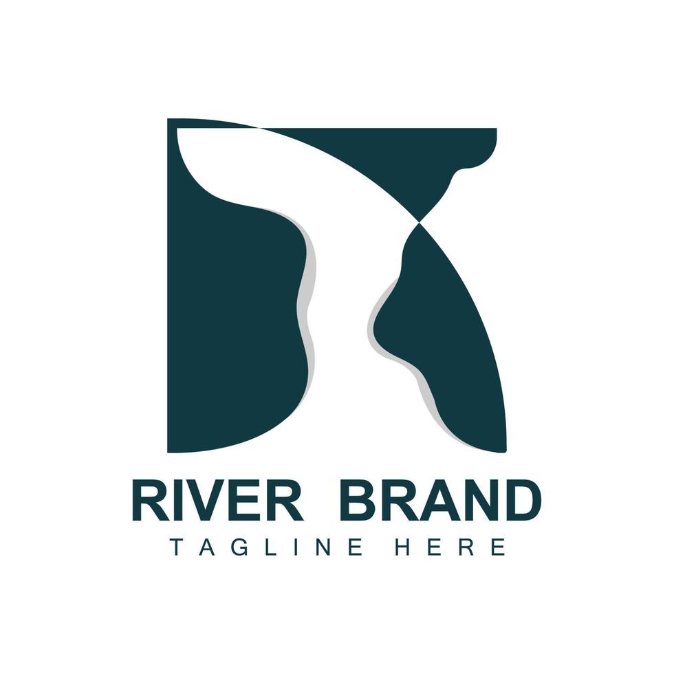 création de logo de rivière, vecteur de ruisseau de rivière, illustration au bord de la rivière avec une combinaison de montagnes et de nature, marque de produit