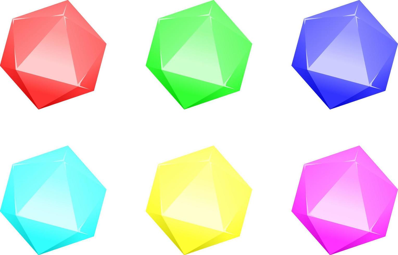 ensemble de pierres précieuses en cristal hexagonal brillant. pierre précieuse rouge vert bleu cyan jaune magenta pour les jeux de logo, d'icône, de signe, de symbole ou d'objet vecteur