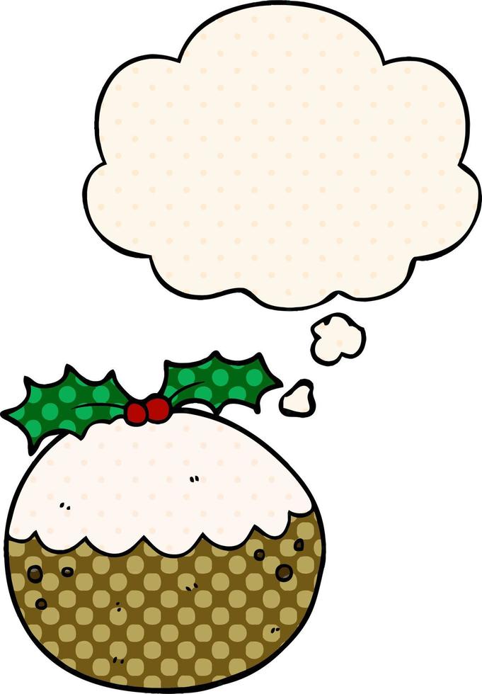 pudding de noël de dessin animé et bulle de pensée dans le style de la bande dessinée vecteur