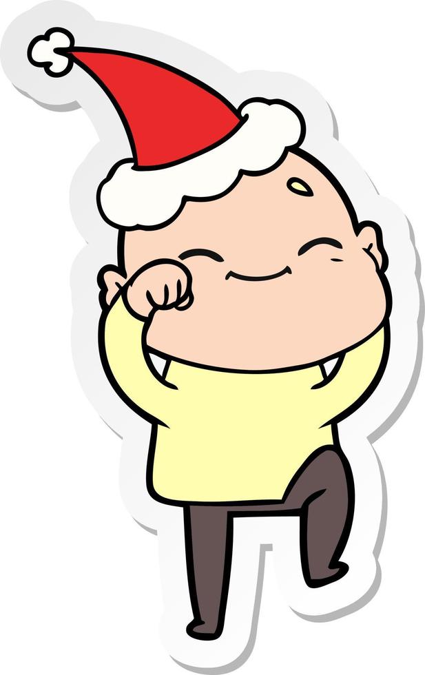 dessin animé autocollant heureux d'un homme chauve portant un bonnet de noel vecteur
