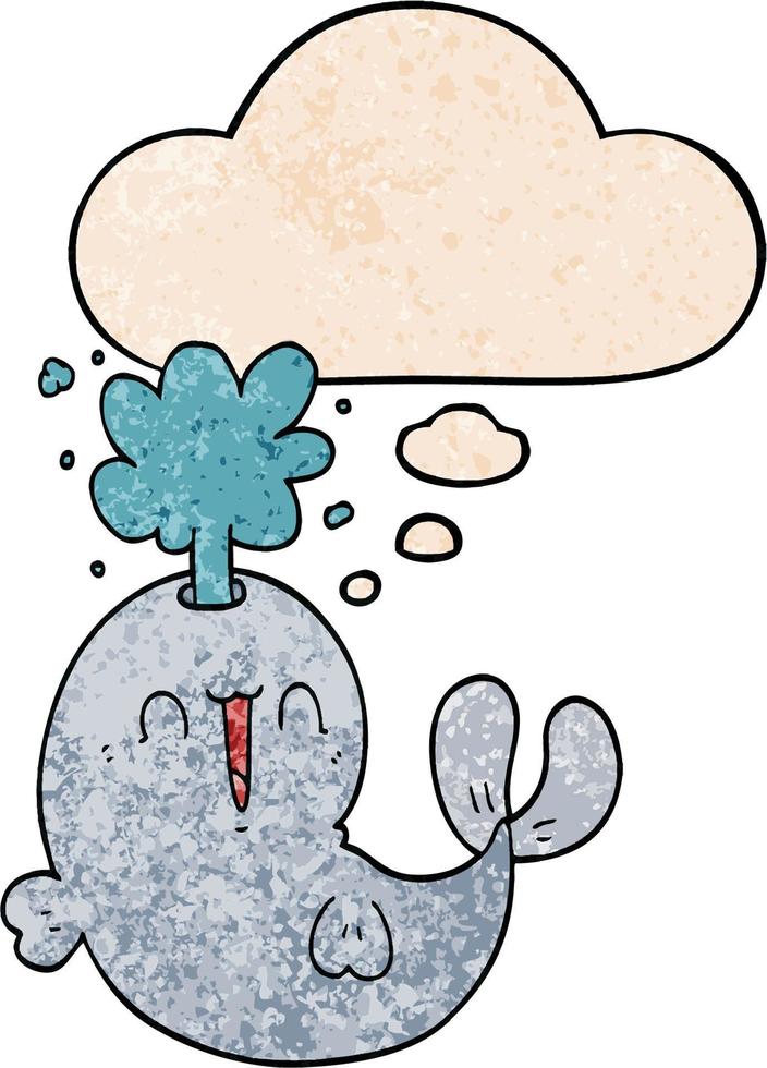 baleine de dessin animé jaillissant de l'eau et bulle de pensée dans le style de motif de texture grunge vecteur