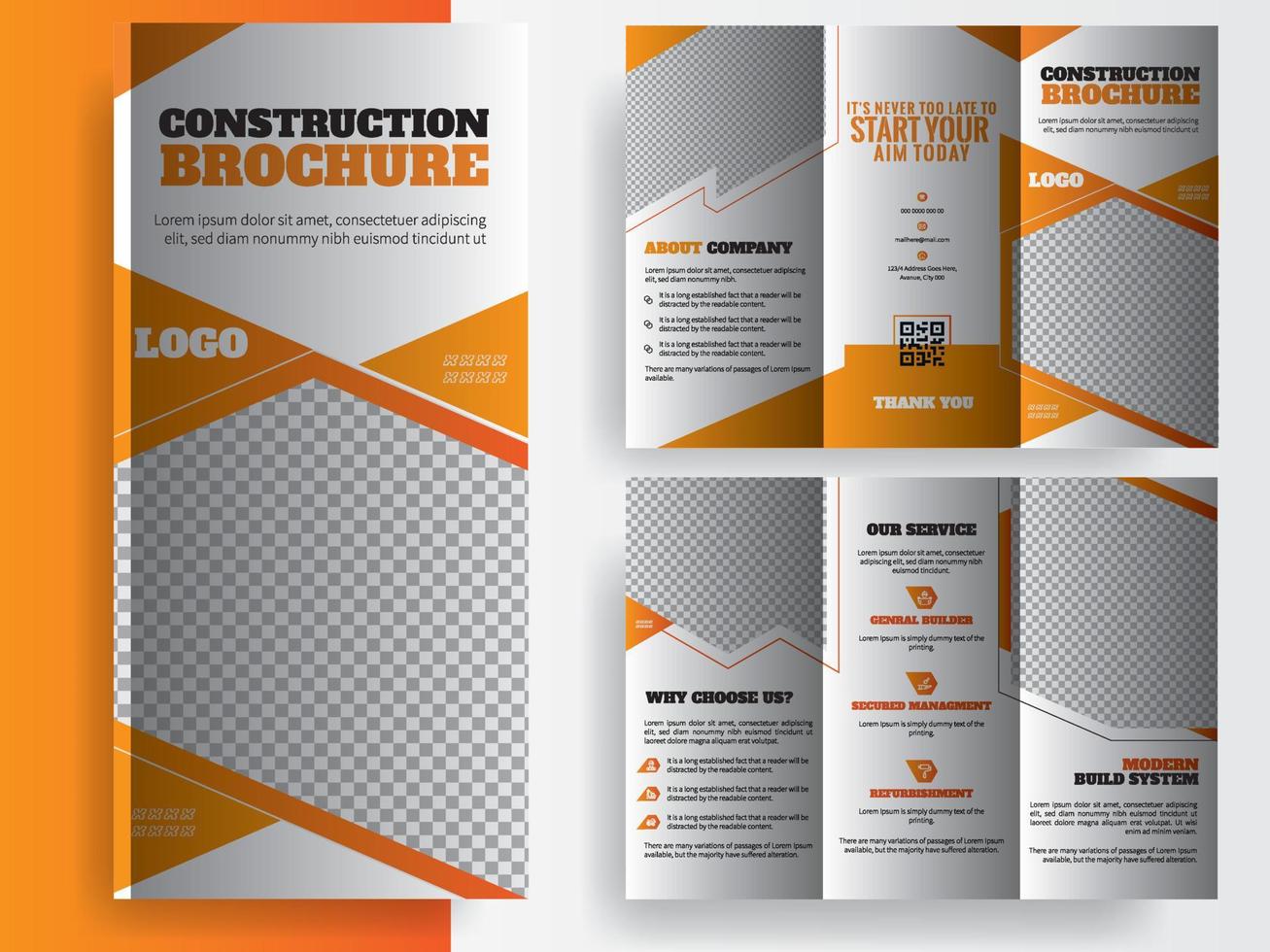 brochure de construction pour le modèle de marketing de construction, brochure d'état immobilier d'entreprise, créatif. construction, immobilier, société de constructeurs conception à trois volets, dépliant, affiche, architecture, conception d'annonces. vecteur