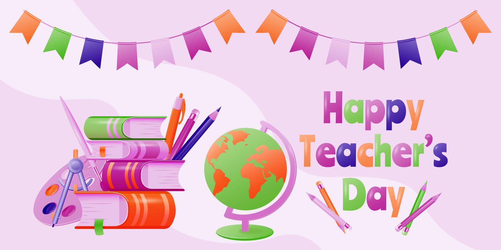 affiche de la journée des enseignants heureux en style cartoon. fond d'école avec des livres, des crayons et un globe. illustration vectorielle. vecteur