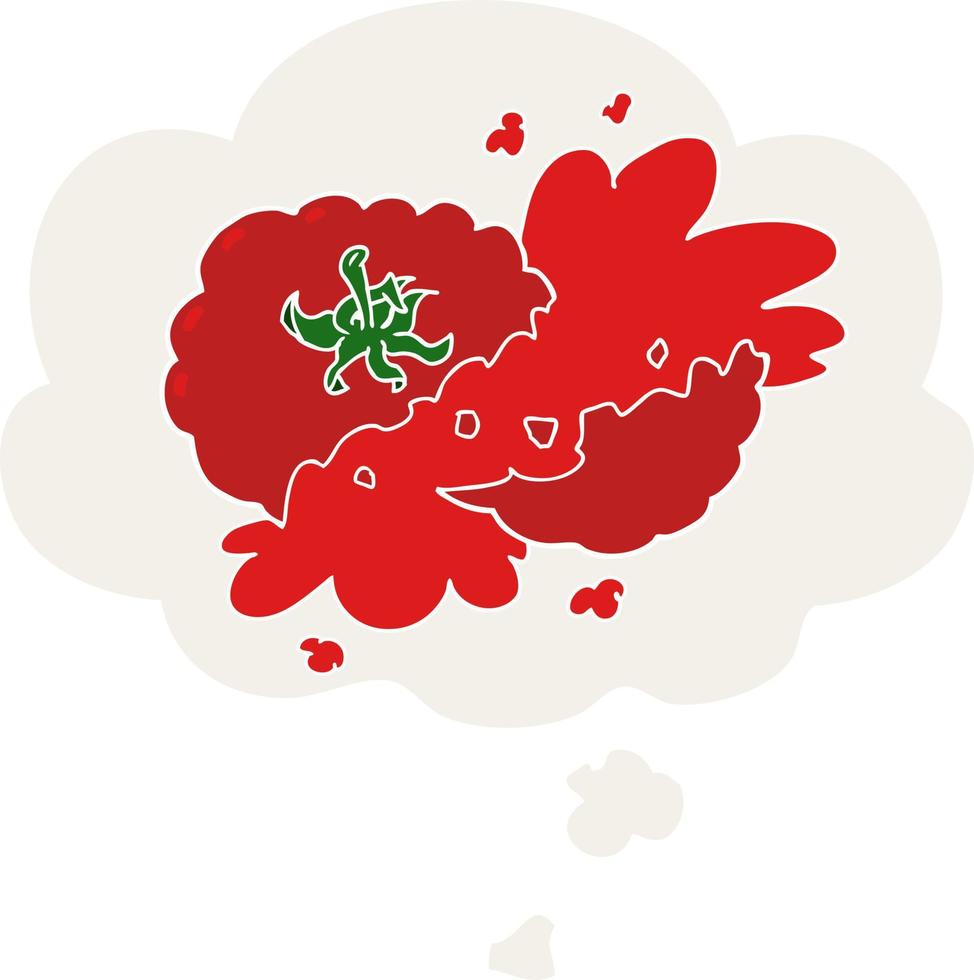 dessin animé tomate écrasée et bulle de pensée dans un style rétro vecteur