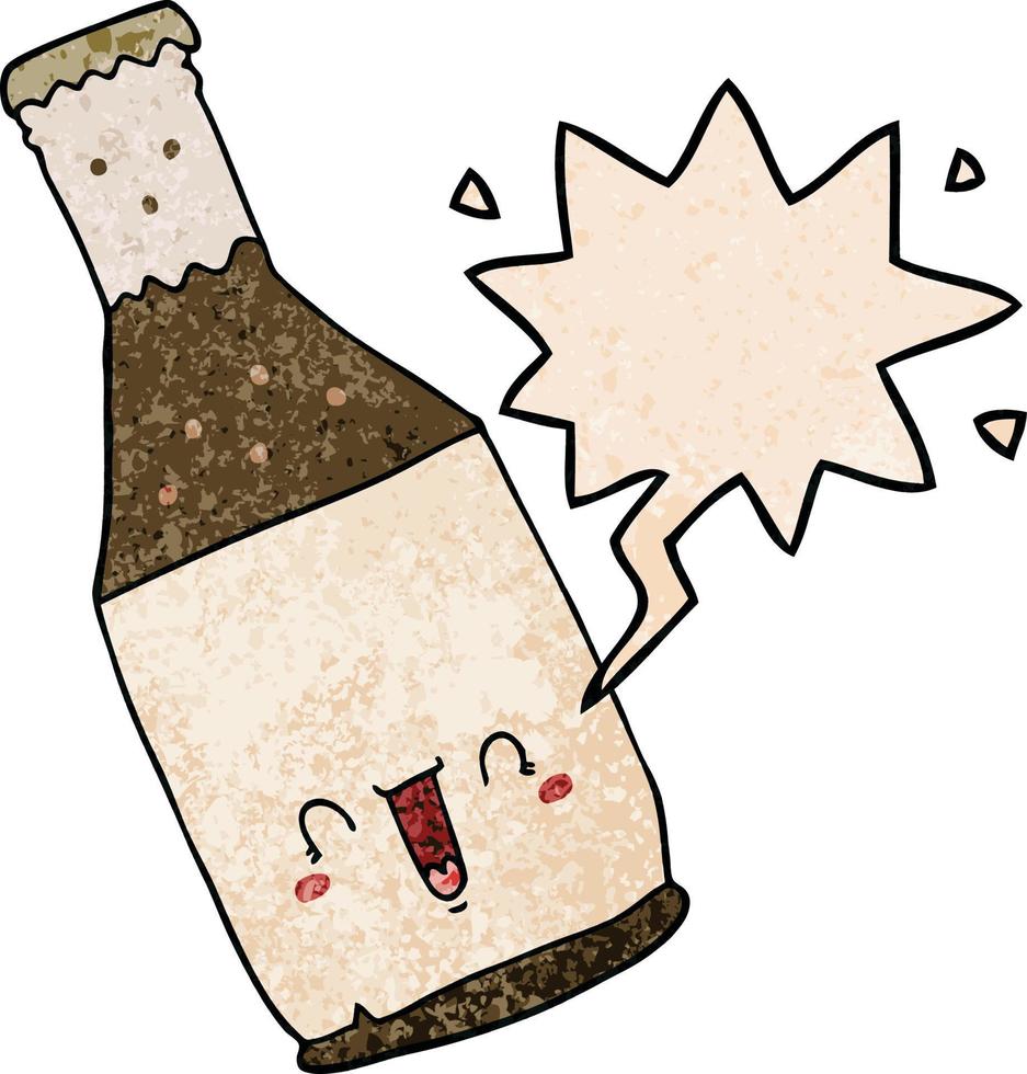 bouteille de bière de dessin animé et bulle de dialogue dans un style de texture rétro vecteur