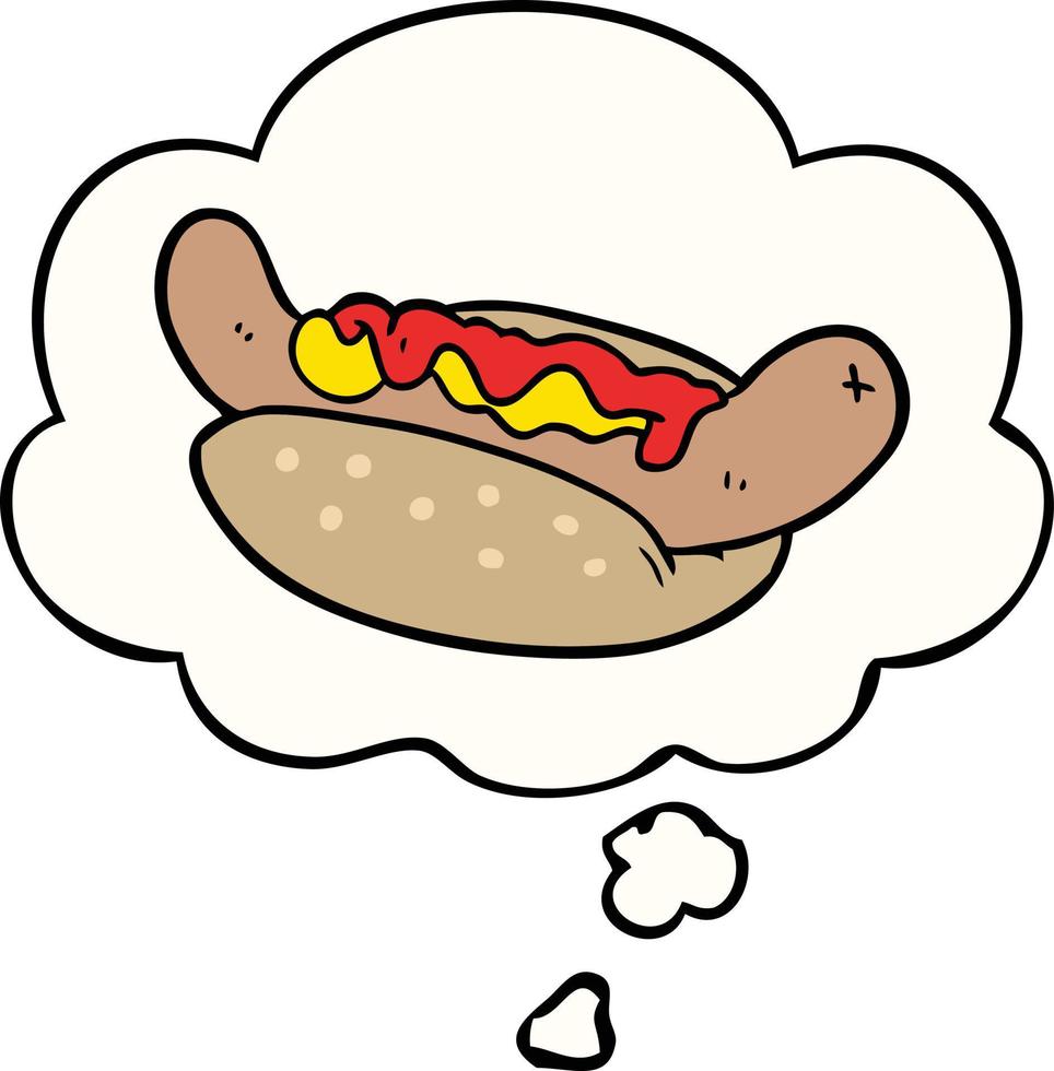 dessin animé hot-dog et bulle de pensée vecteur