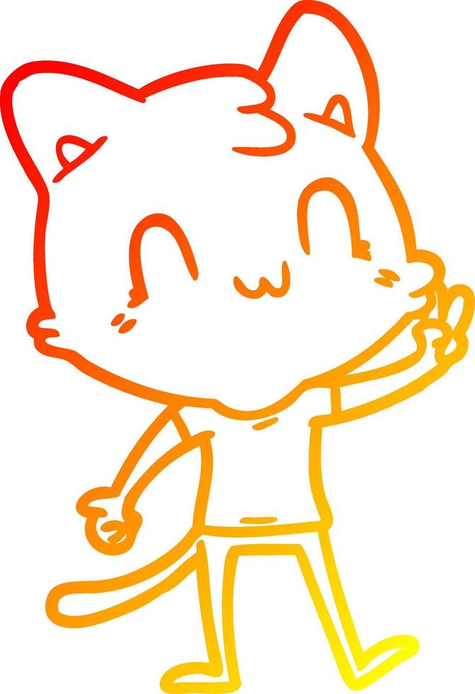 ligne de gradient chaud dessin dessin animé chat heureux donnant le signe de la paix vecteur
