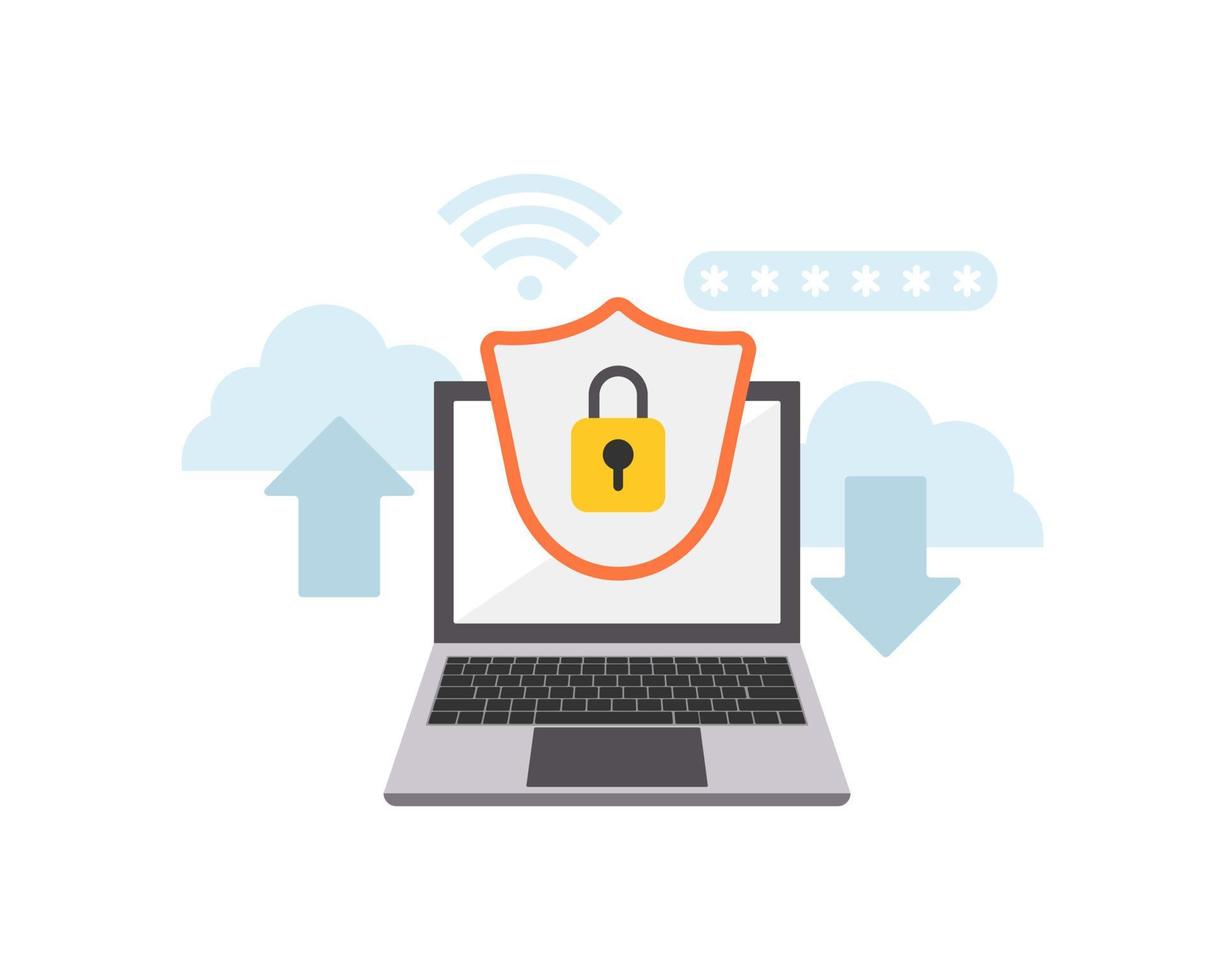 concept de système de sécurité de l'information avec cadenas sur écran d'ordinateur portable. style plat. vecteur