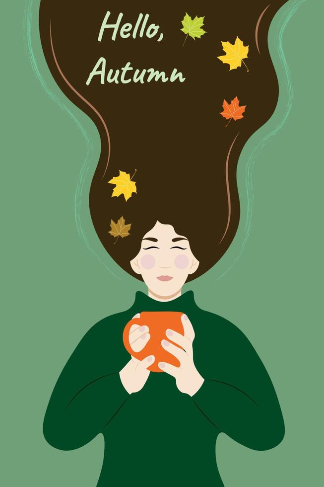 une fille aux longs cheveux noirs avec une tasse dans ses mains sur un fond vert, l'inscription bonjour automne, vecteur plat, feuilles d'automne, couleurs d'automne, humeur d'automne