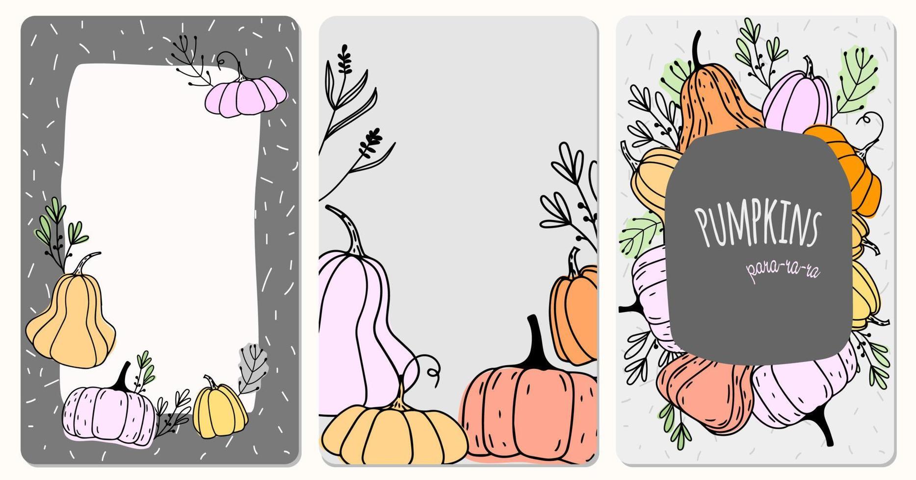 thanksgiving et festival des récoltes cadres d'automne vectoriels saisonniers sertis de citrouilles, de plantes et de feuilles. design d'automne tendance dans un style doodle. vecteur
