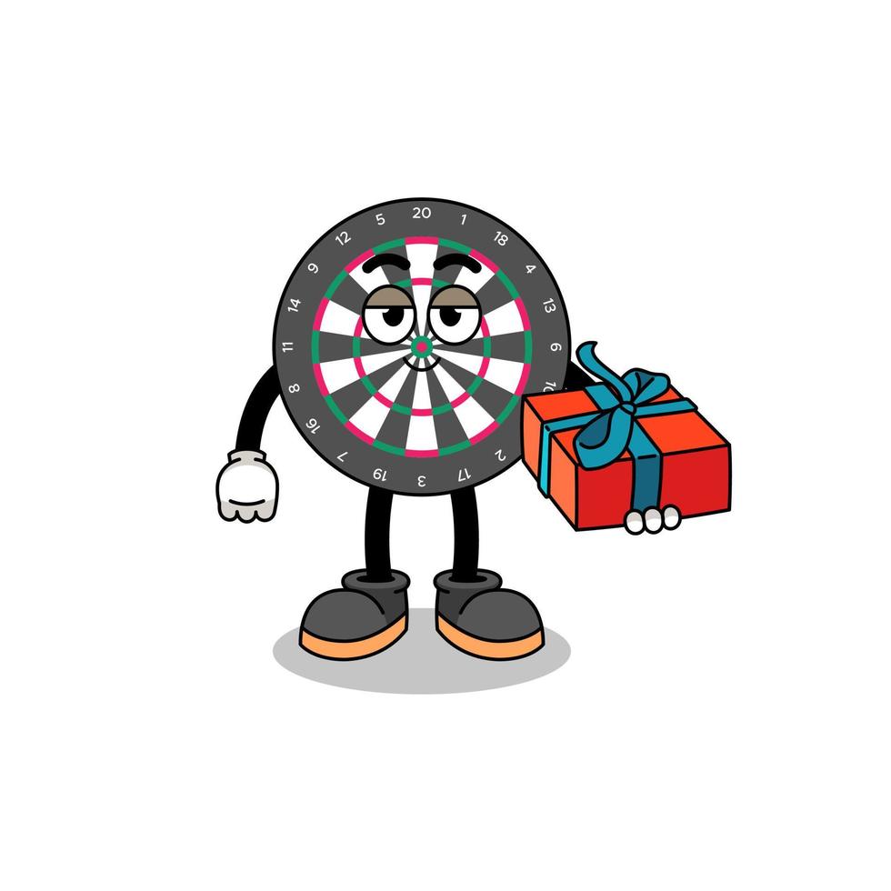 illustration de mascotte de jeu de fléchettes donnant un cadeau vecteur