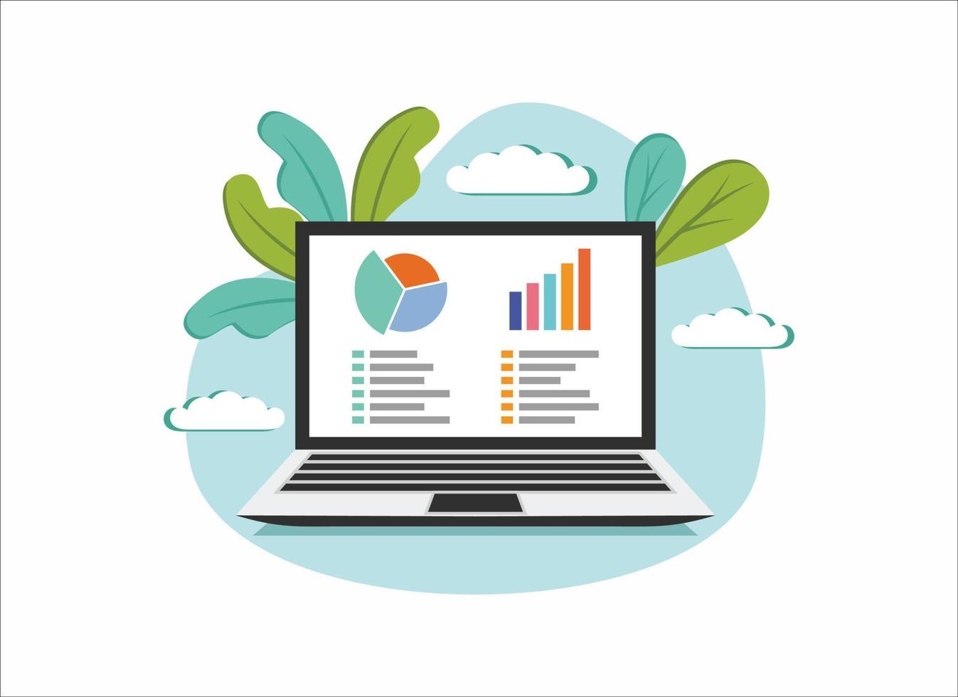 informations analytiques Web sur l'icône plate de l'écran d'ordinateur portable. concept de rapport de graphiques de tendance. graphiques statistiques pour la planification et la comptabilité, l'analyse, l'audit, la gestion, le marketing, l'illustration vectorielle de recherche. vecteur