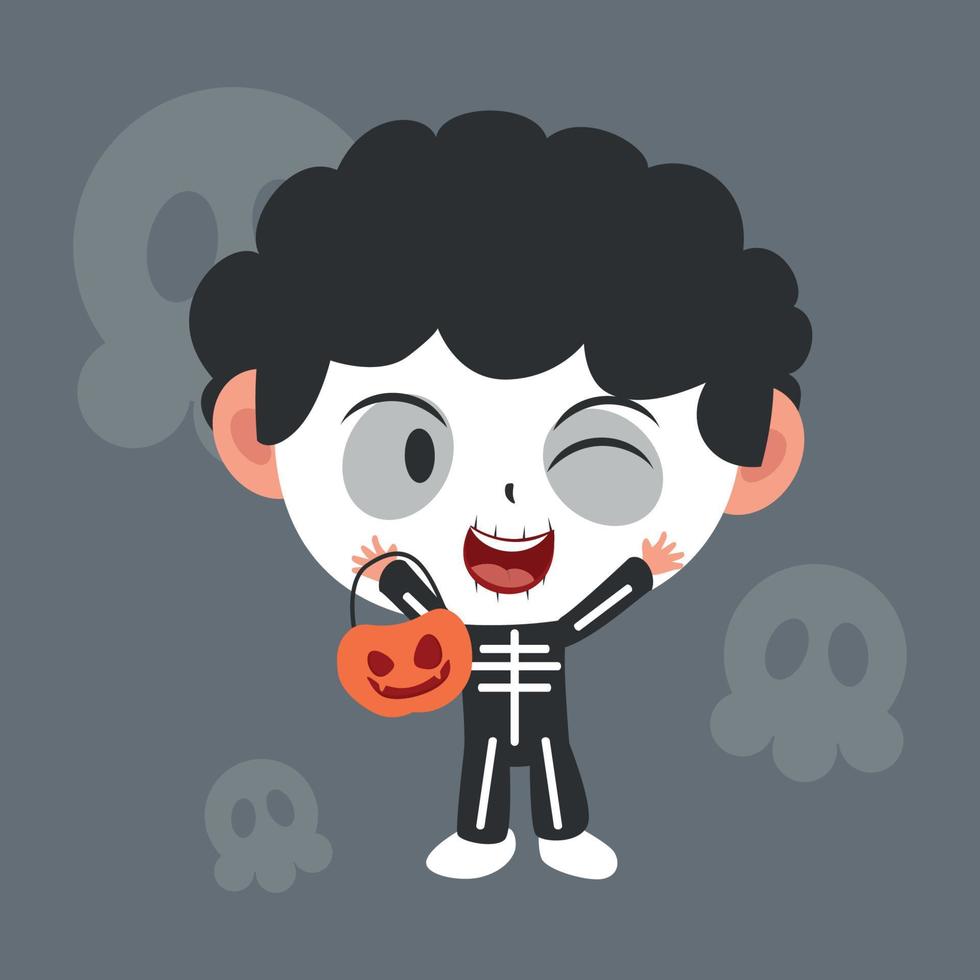 mignon personnage d'halloween plat enfants sur costume de squelette vecteur