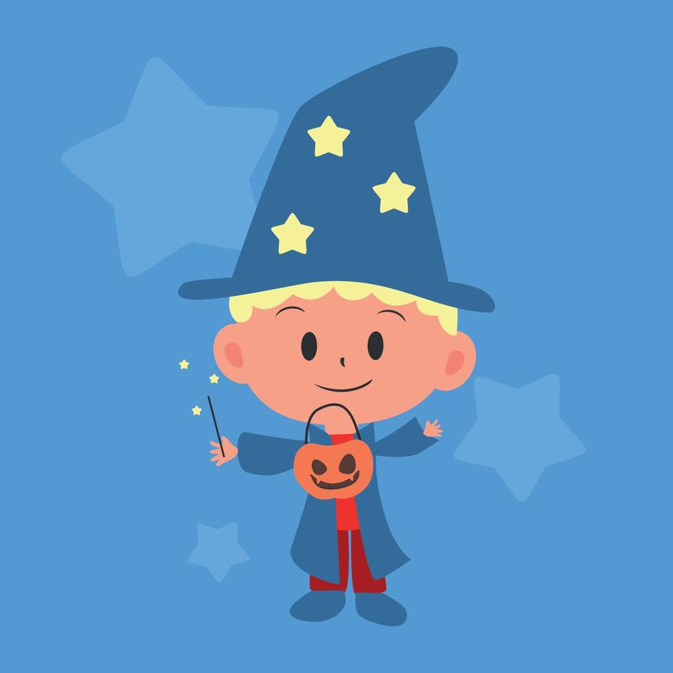 mignon personnage d'halloween plat enfants sur costume de sorcier vecteur