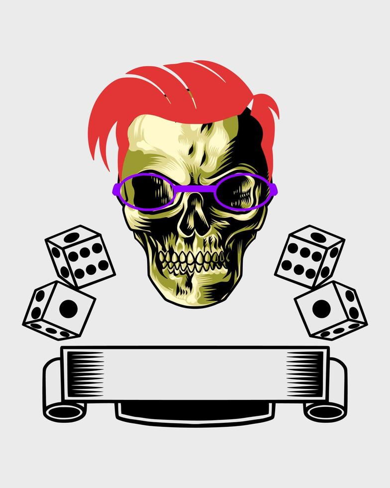 logo de crâne de cheveux rouges avec des lunettes violettes vecteur