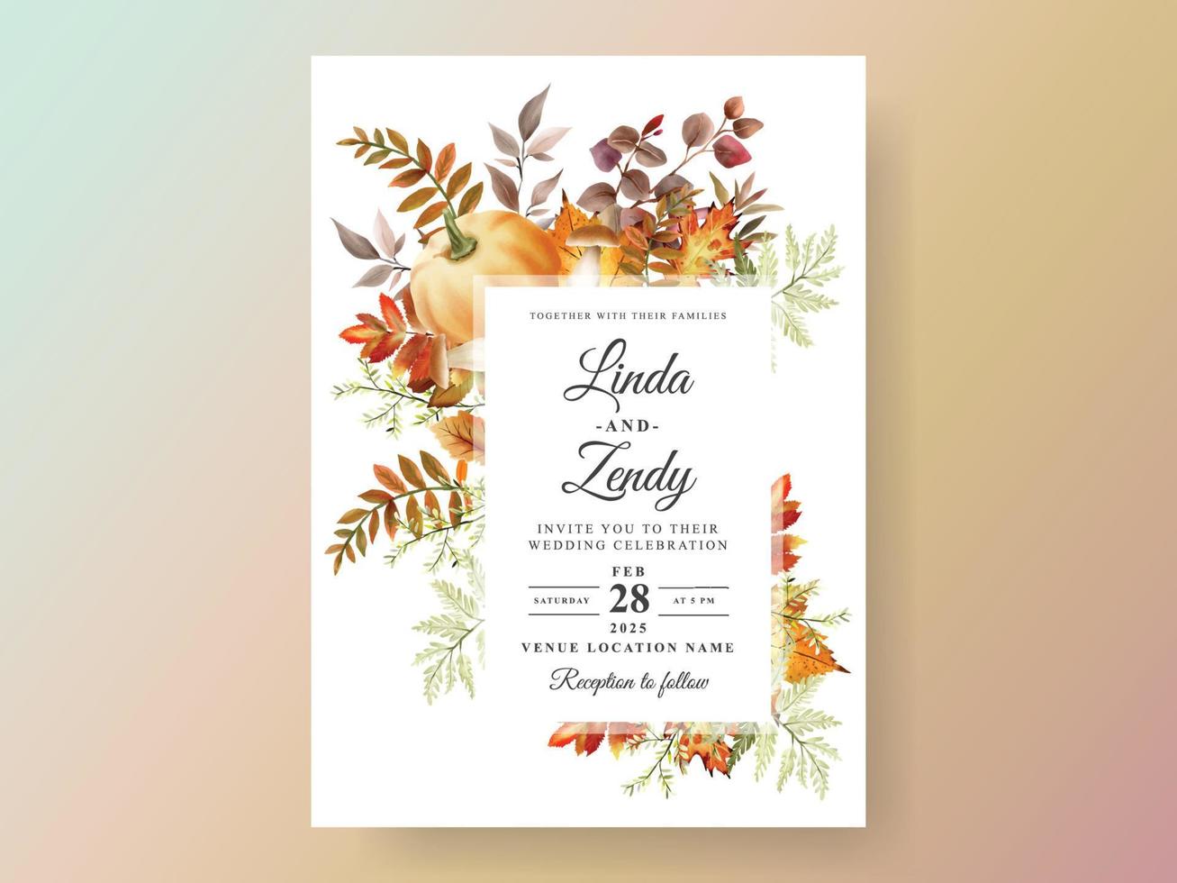 carte d'invitation de mariage d'automne avec citrouille et champignon et oiseau et feuilles aquarelle vecteur