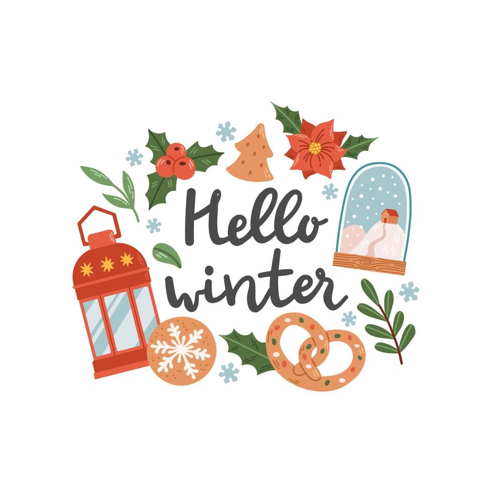 bonjour phrase d'hiver avec illustration vectorielle isolée de lettrage de couronne vecteur